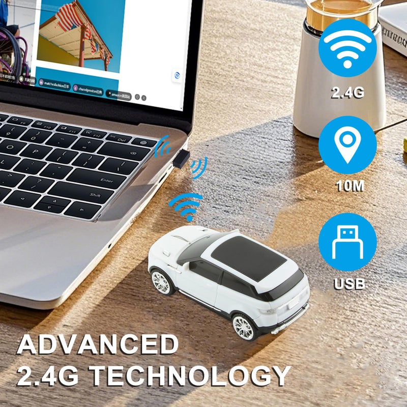 CHUYI Cool SUV Car Shaped Wireless Mouse 1600 DPI Optical Cordless Mice with USB Receiver for Office School Travel for PC Computer Laptop Gift (White-1 Pack) - Image 2